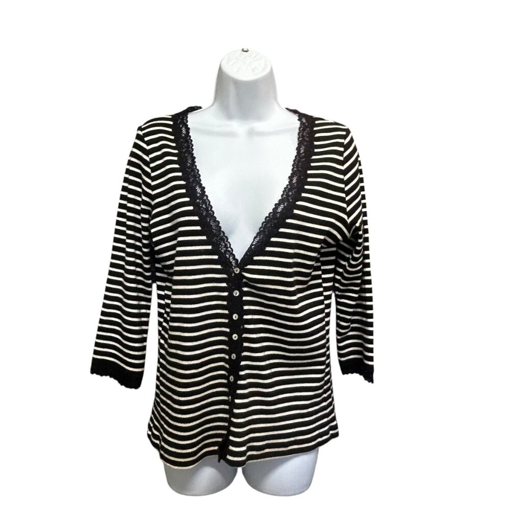 Chico's Black & White Striped Lace Trim Button-Front Cardigan Top Size M